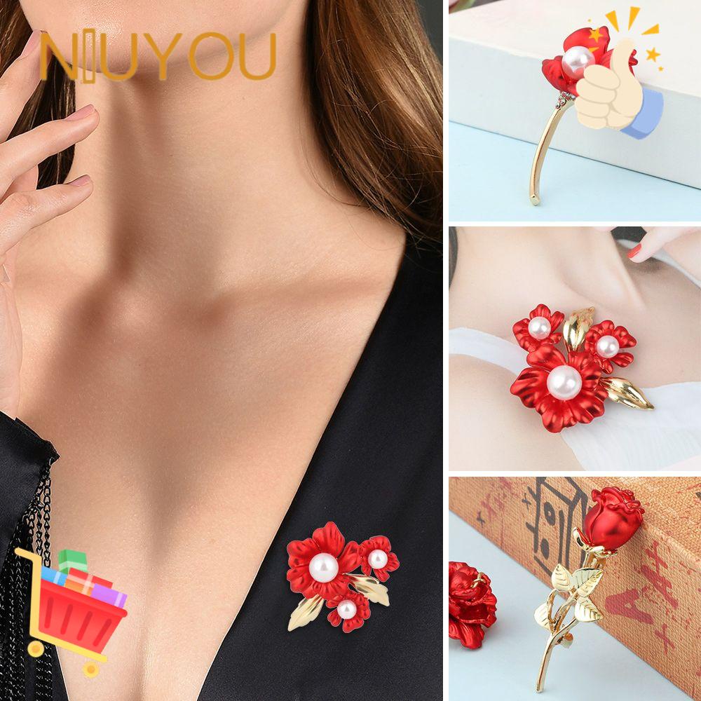 Ghim băng cài áo hoa hồng đỏ đính ngọc trai giả sành điệu tinh xảo làm phụ kiện trang phục