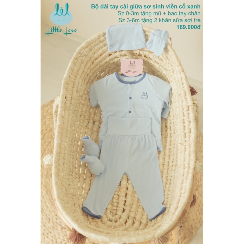 LIL-Bộ dài tay sơ sinh bamboo (size 3-6M tặng 2 khăn sữa bamboo sợi tre)