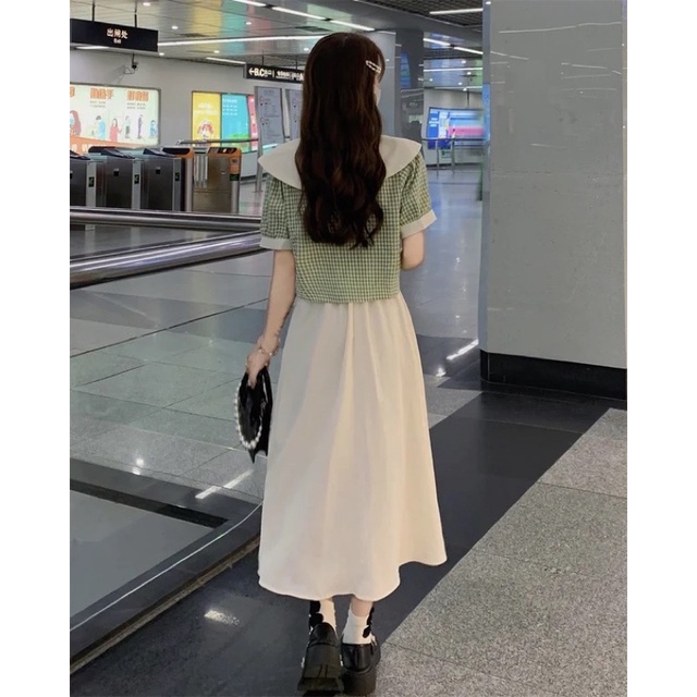 Set áo sơ mi kẻ caro xanh kèm chân váy dài - order