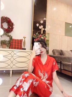 Bộ lụa satin hạt ngắn tay cao cấp