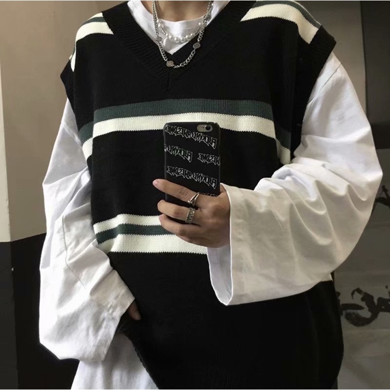 Áo Sweater dệt kim không tay cổ chữ V dáng rộng phong cách Retro Hàn Quốc thời trang cho nam và nữ