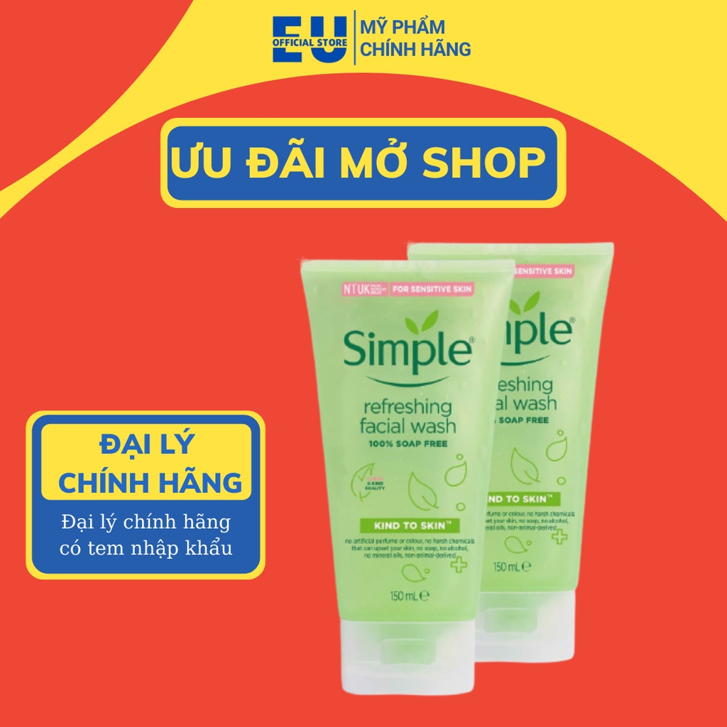 [Mã COSDAY - 50k đơn 250k] [Loại 150ml] Sữa Rửa Mặt Simple Gel Kind To Skin Refreshing Facial Wash Gel