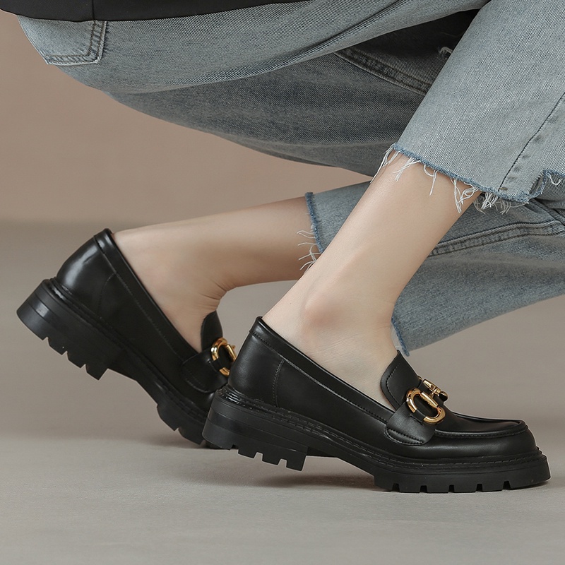 Giày Lười Da Bóng Mũi Tròn Đế Bằng 4cm Phong Cách retro Anh Quốc Thời Trang