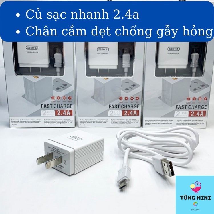 Bộ Sạc Nhanh 2 Cổng BYZ-U20 - 2.4A - Kèm Cáp Sạc Nhanh Chống Cháy Nổ - Chính Hãng
