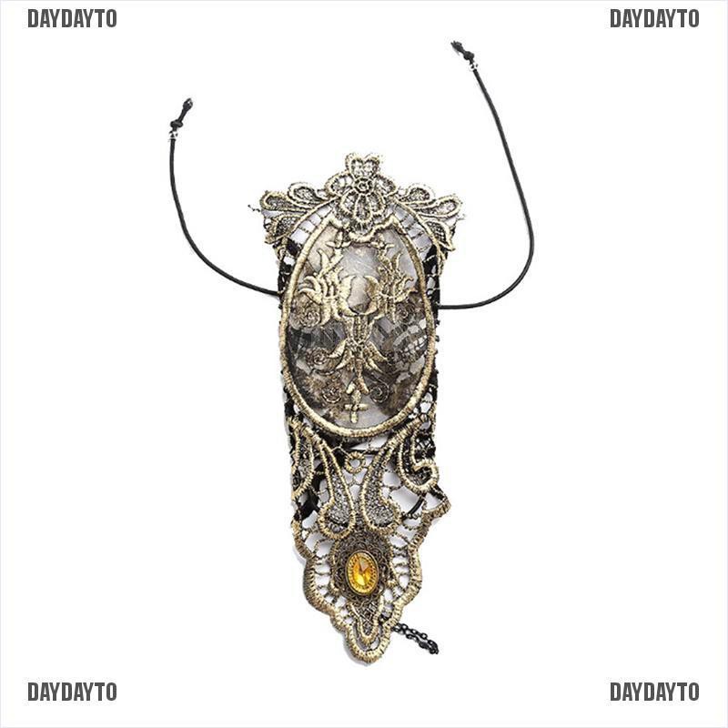 Găng tay không xỏ ngón phối ren làm ấm cánh tay màu vàng dây buộc đen phong cách cổ điển quý tộc