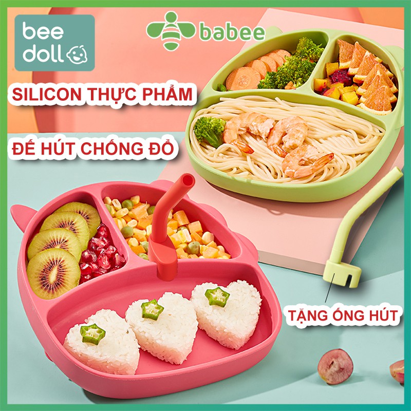 Khay ăn dặm Silicon Beedoll cao cấp có đế hút chân không chống đổ (Tặng kèm ống hút)