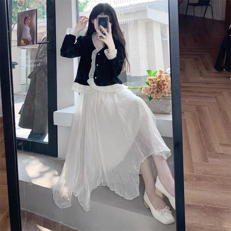 Set Áo Nhung Phối Bèo Mix Chân Váy Tơ Tiểu Thư (hàng QC loại 1) Áo Nhung Kiểu Tay Dài Phối Bèo Kèm CV xoè 2 lớp