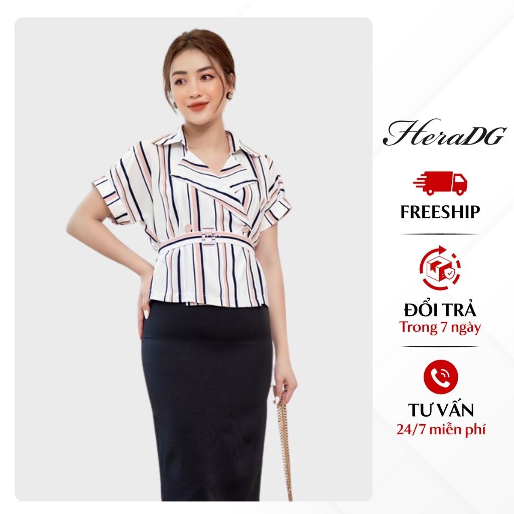 Áo Sơ Mi Công Sở Nữ HeraDG Cổ Hai Ve Tay Ngắn Kèm Đai Eo, Hoạ Tiết Kẻ Sọc Với Chất Vải Tuytsi Cao Cấp SAKBA050