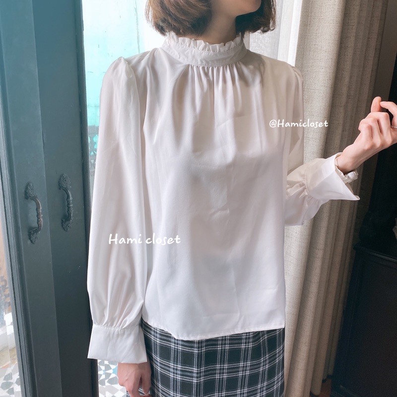 Áo sơ mi xếp ly cổ nữ tính chất đẹp mã A010