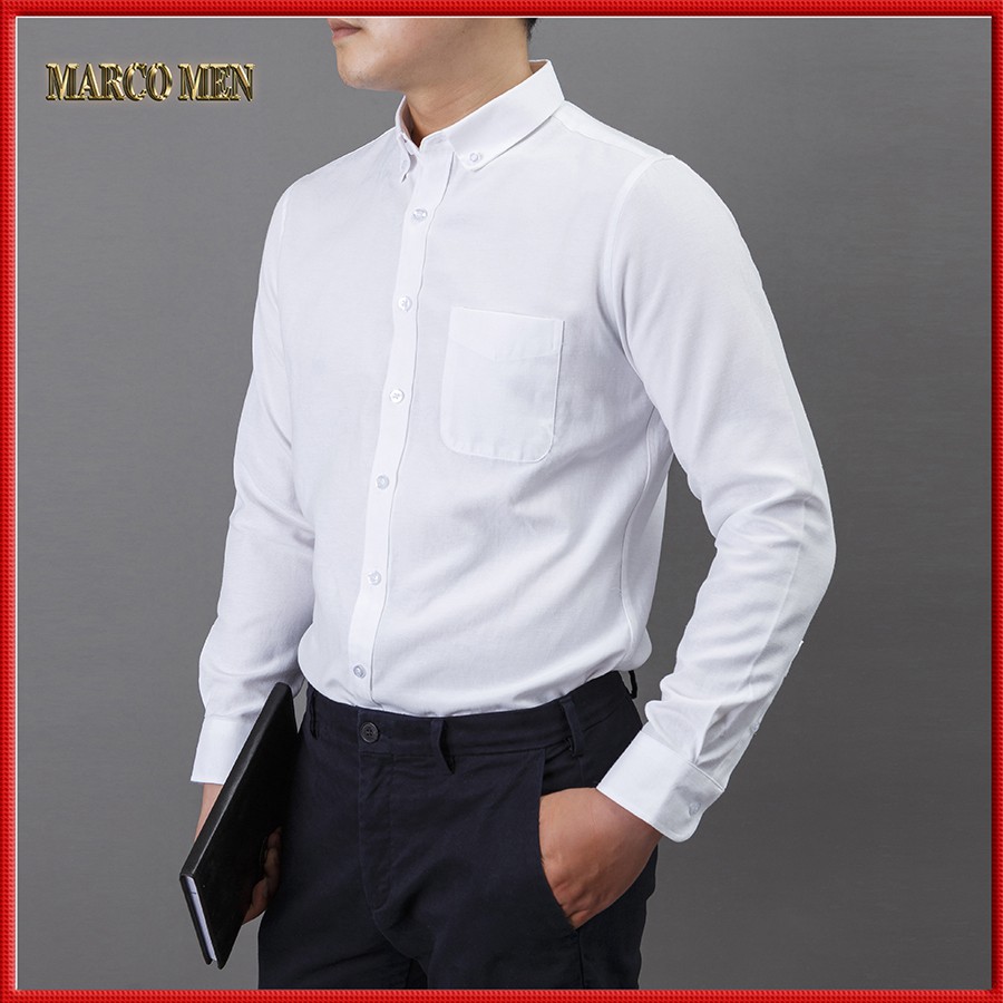 Áo sơ mi nam dài tay màu trắng dáng ôm hàn quốc vải Oxford thấm hút mồ hôi