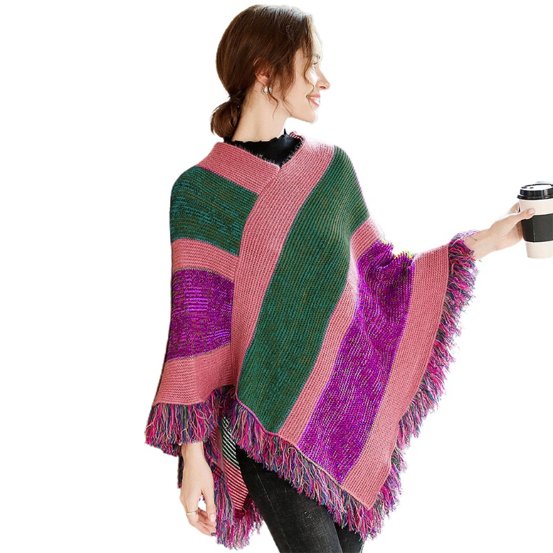 Áo choàng len Pashmina chui đầu cổ chữ V viền tua rua kẻ sọc màu sắc phong cách dân tộc thời trang mùa đông cho nữ
 | BigBuy360 - bigbuy360.vn