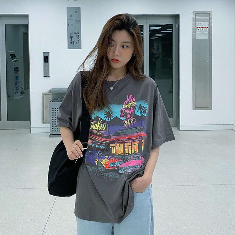 100% cotton American retro short-sleeved T-shirt female summer Korean version loose wild Harajuku style student tide brand top