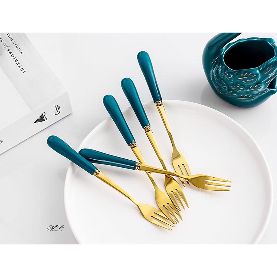 Đũa Thìa Dĩa inox mạ vàng cán sứ xanh cổ vịt | BigBuy360 - bigbuy360.vn