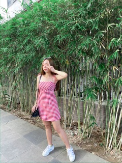 Đầm caro cột hai dây nơ