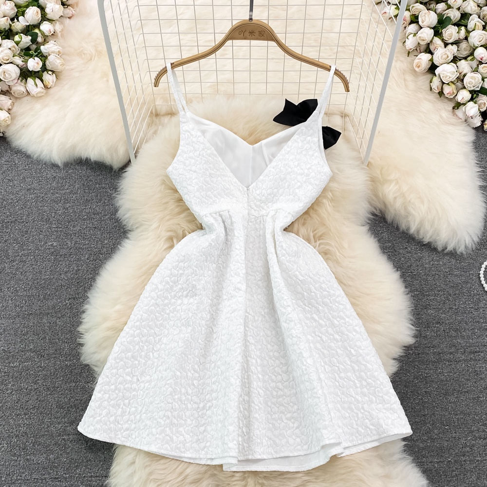 🌸Hàng Order🌸 Váy Đầm 2 Dây In Nổi Phối Nơ Dây Ngọc Dáng Xòe Sang Chảnh Nữ Tính🌸Hàng Quảng Châu