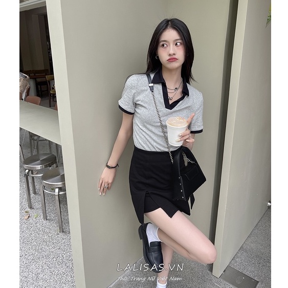 Áo thun tay ngắn cổ chữ V màu tương phản phong cách Hàn Quốc cho nữ