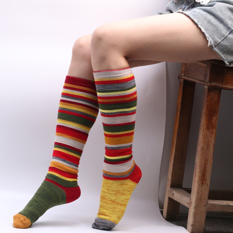 Youyo Vớ Cotton Mỏng Cao Đến Đầu Gối Họa Tiết Sọc Cầu Vồng Nhiều Màu Sắc Cho Nữ