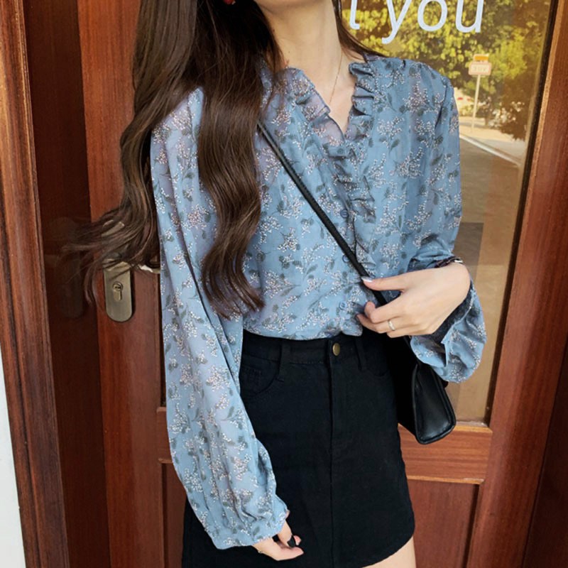 Áo nữ vải chiffon dáng rộng tay bo phồng họa tiết hoa duyên dáng phong cách Hàn