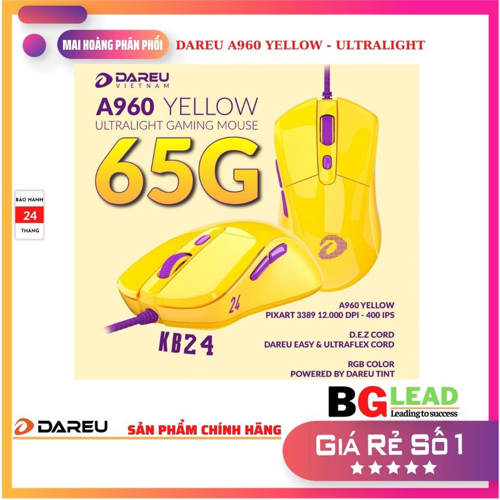 Chuột Gaming DAREU A960 YELLOW - ULTRALIGHT (PixArt PMW3389)