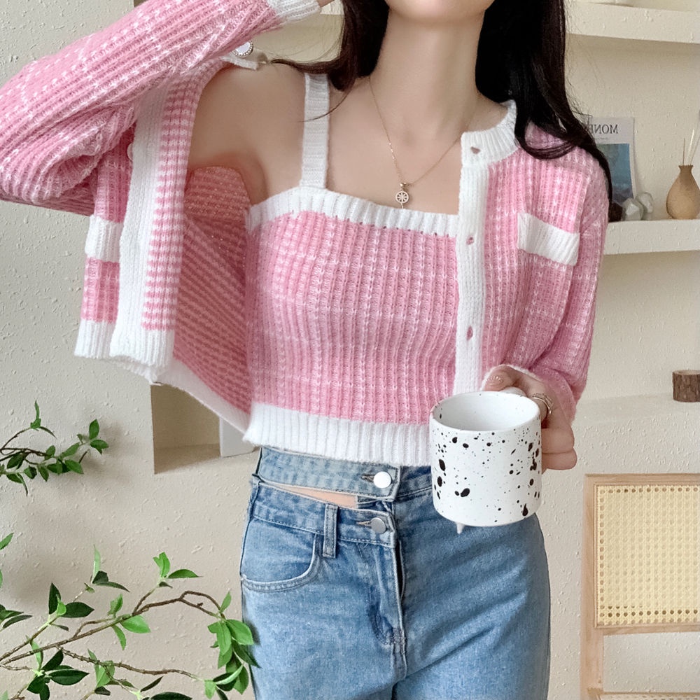 Áo len kẻ sọc croptop hai mảnh áo khoác cardigan dáng dài dệt kim