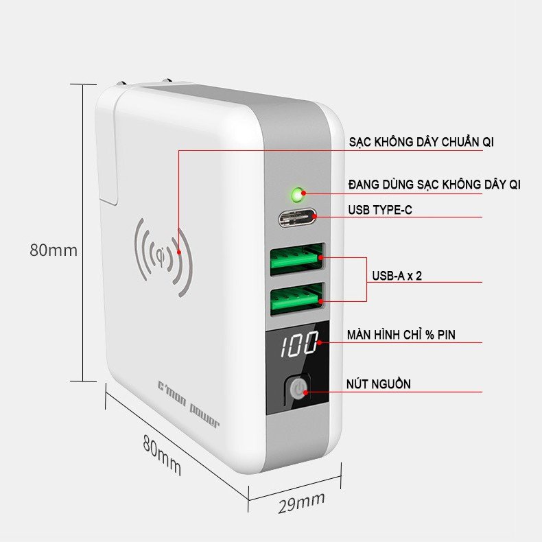 Sạc nhanh pin dự phòng không dây GrownTech 10000mah, sạc dự phòng cao cấp