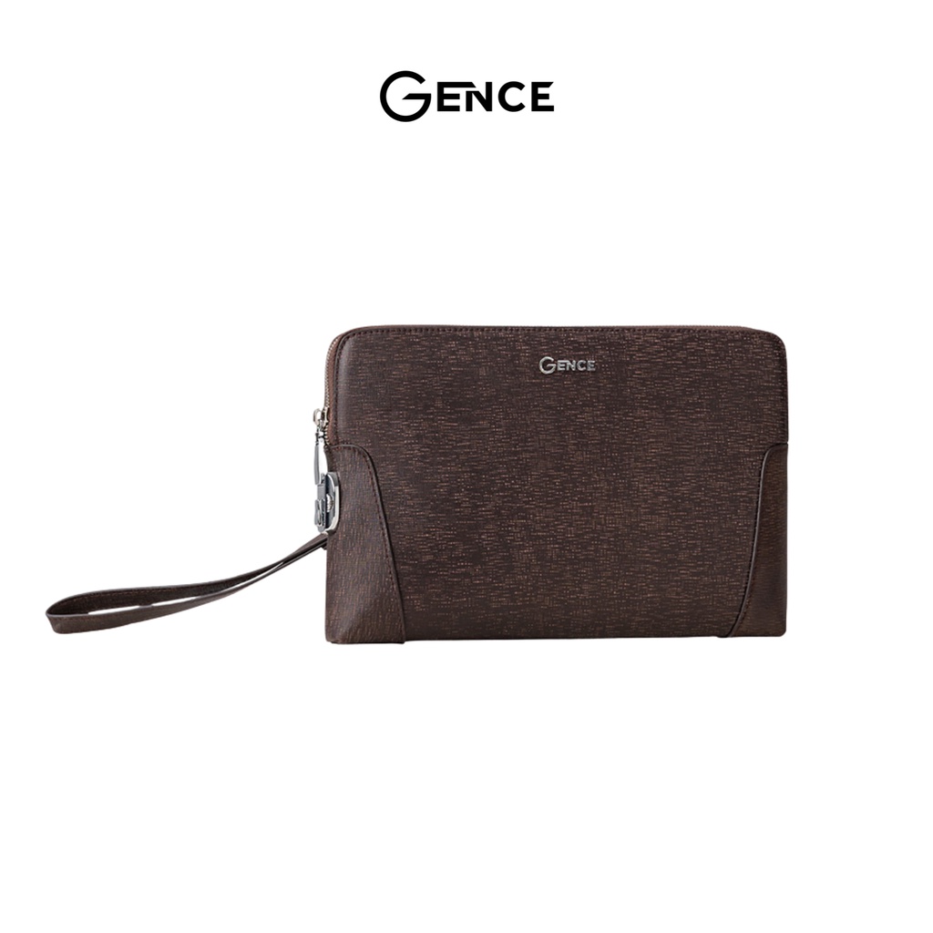 Túi Clutch nam công sở Gence cầm tay da bò saffiano nâu cao cấp CK11