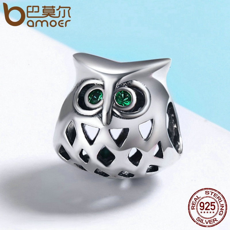 Hạt phụ kiện Bamoer SCC424 bằng bạc thật 925 thiết kế hình cú mèo khoét rỗng xinh xắn dùng làm trang sức