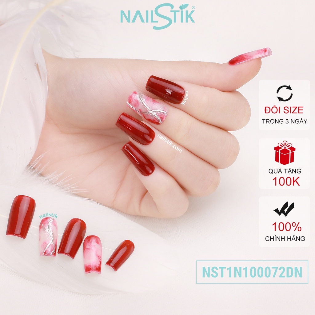 Móng úp thiết kế by NAILSTIK, màu đỏ, form móng ngang, ngắn/dài, 072