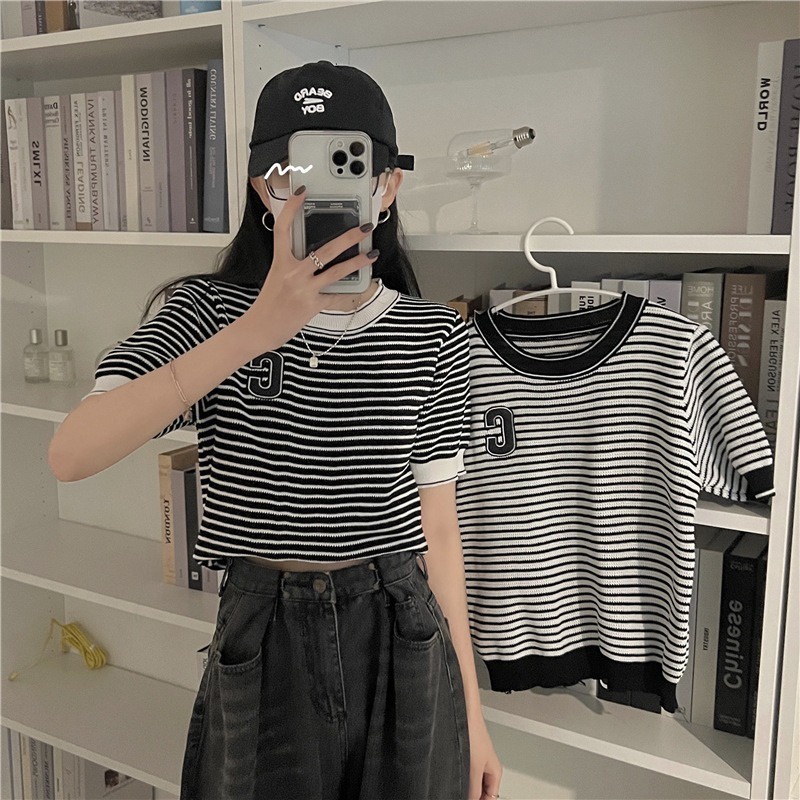 Áo Thun Dệt Kim Ngắn Tay Họa Tiết Kẻ Sọc Màu Sắc Tương Phản