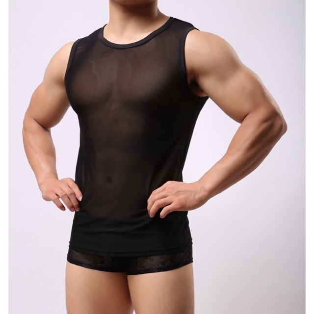 Áo lưới nam tập gym xuyên thấu sexy - áo gym nam ba lỗ và có tay dáng body đi biển màu trắng màu đen