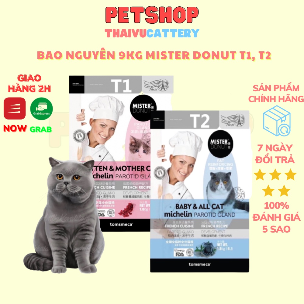 Thức ăn cho mèo Mister Donut T1 và T2 (Tải 9kg) nhiều topping thịt sấy - hàng chính hãng thương hiệu Canada