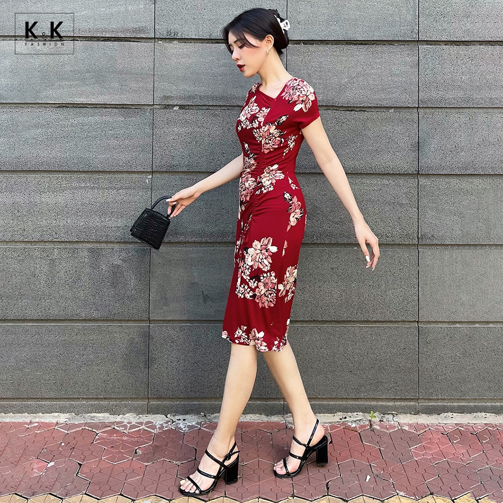 Đầm Ôm  Họa Tiết Hoa K&K Fashion HL20-20 Tùng Rút Dây Nơ Chất Liệu Thun Hàn