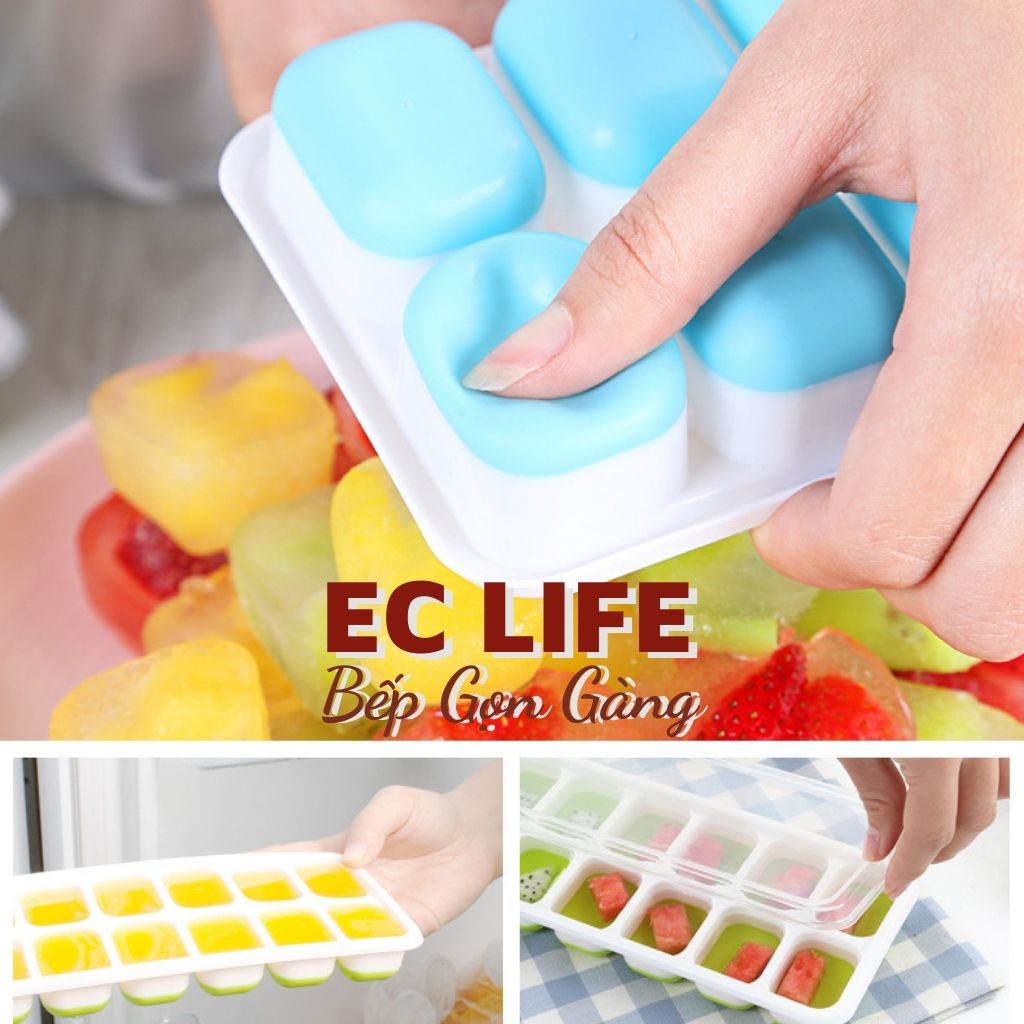 Khay đựng đá silicon có nắp 14 viên, khuôn làm đá silicon tủ lạnh tiện lợi chống ám mùi EC Life 0704