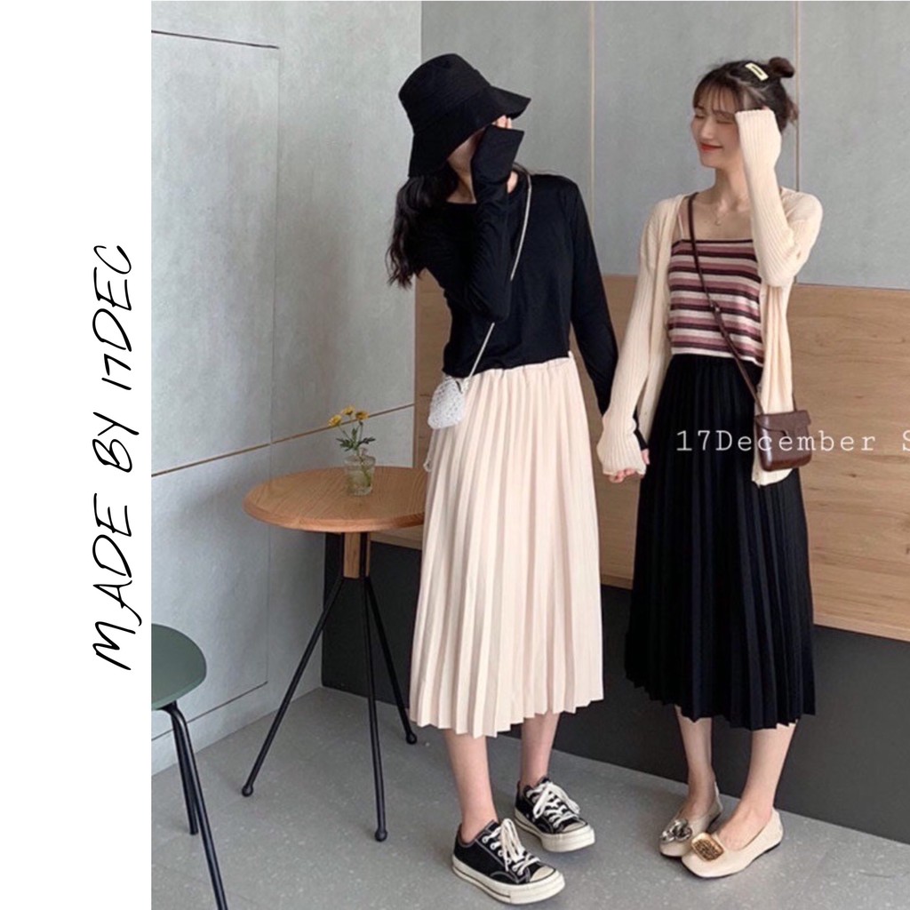 CHÂN VÁY XẾP LY NHŨ DÁNG DÀI_ Chân Váy Midi Cạp Chun