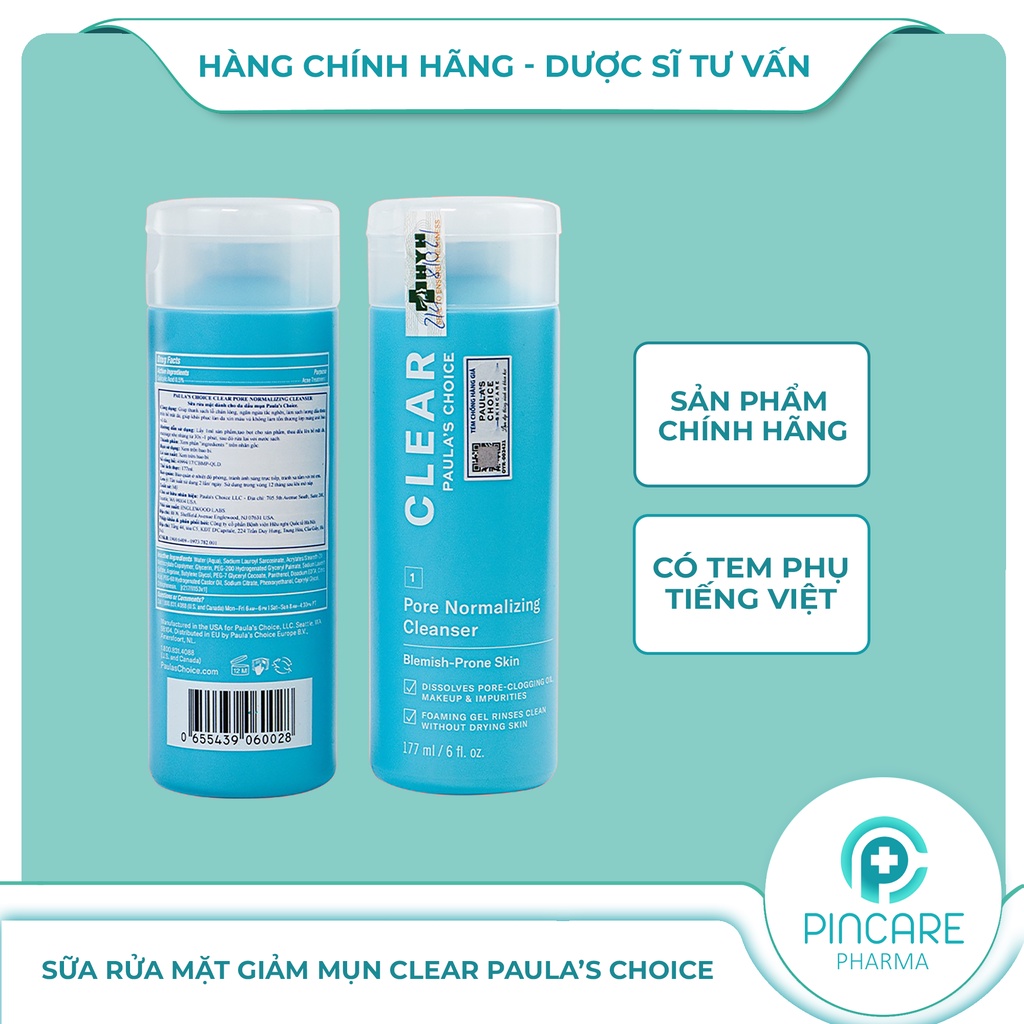 Sữa rửa mặt ngừa mụn, se khít lỗ chân lông Paula’s Choice Clear Pore Normalizing Cleanser 177ml-Hàng chính hãng-PinCare