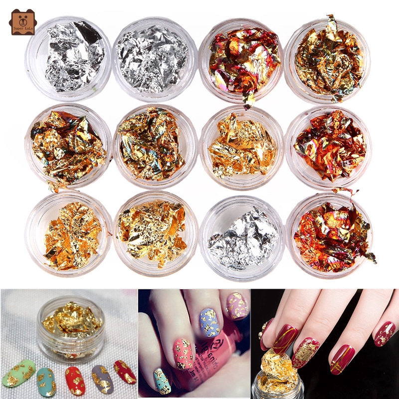 12 hũ đựng lá kim loại dùng trang trí móng với 4 màu tiện dụng