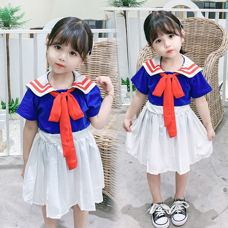 Set Áo Cổ Thủy Thủ + Chân Váy Xếp Ly Màu Sắc Thời Trang Mùa Hè Cho Bé Gái