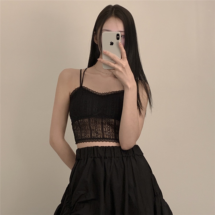 Xiaozhainv Áo hai dây không gọng thép phối ren phong cách Hàn Quốc