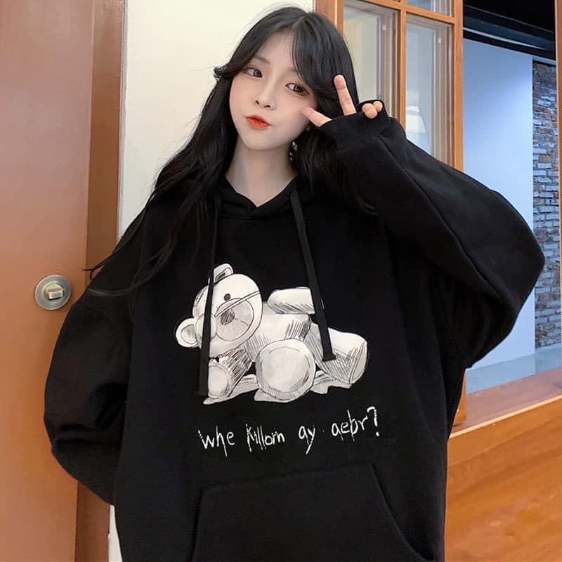 Áo Hoodie Nỉ Lót Bông In Gấu Nằm Unisex (Ảnh,Video thật/Hàng sẵn)