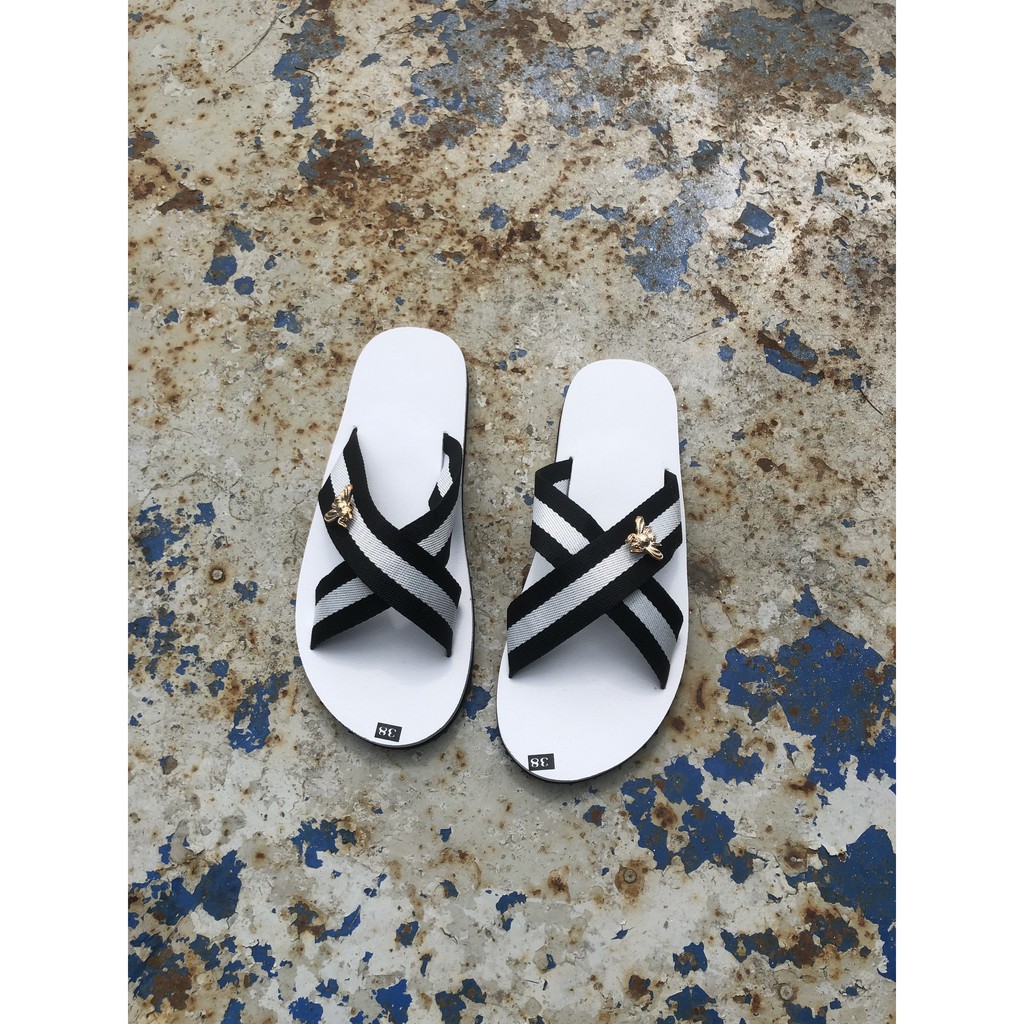 Dép sandal quai chéo nữ nam, SANDALTHOITRANG dù trắng đen full size 30-44 nam nữ