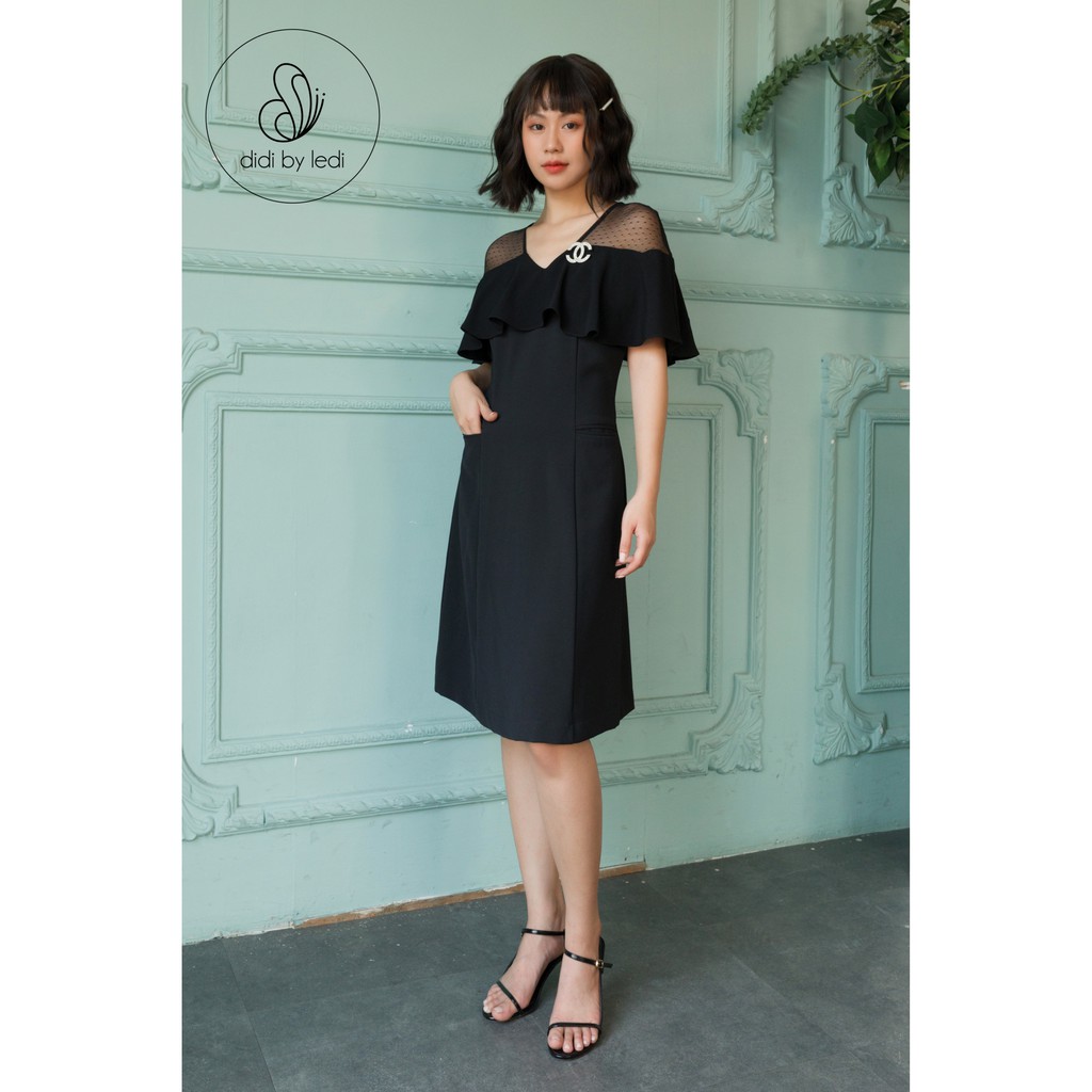 Đầm dự tiệc bèo vai, váy đầm đi tiệc màu đen cao cấp DiDi By Ledi size S M L XL D1513