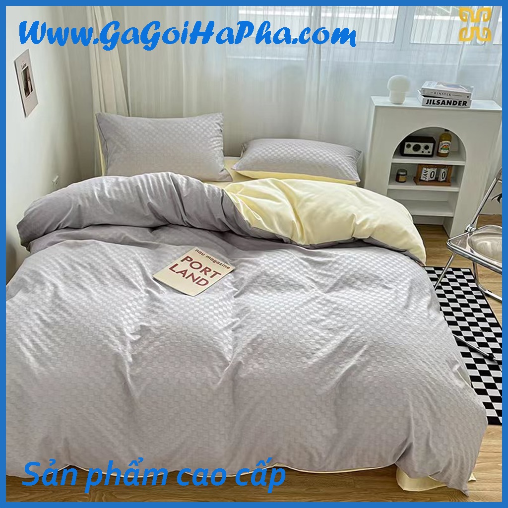 Bộ chăn ga gối Cotton tici vân caro cao cấp, bộ ga giường cotton tici 4 món loại 1 xịn xò