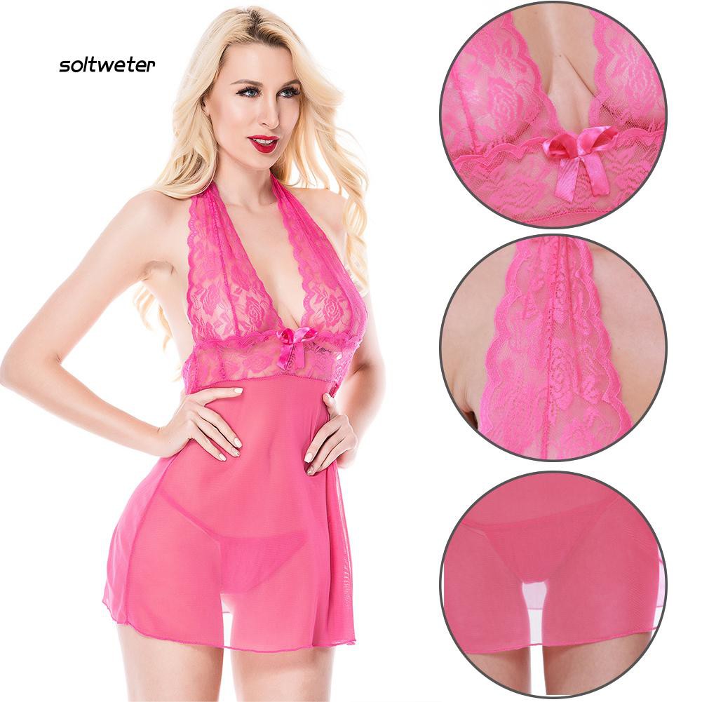 Set áo ngủ ren cổ V và quần lót chữ G sexy gợi cảm cho nữ