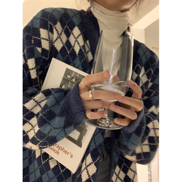 Áo khoác len Cardigan ô trám phong cách Nhật