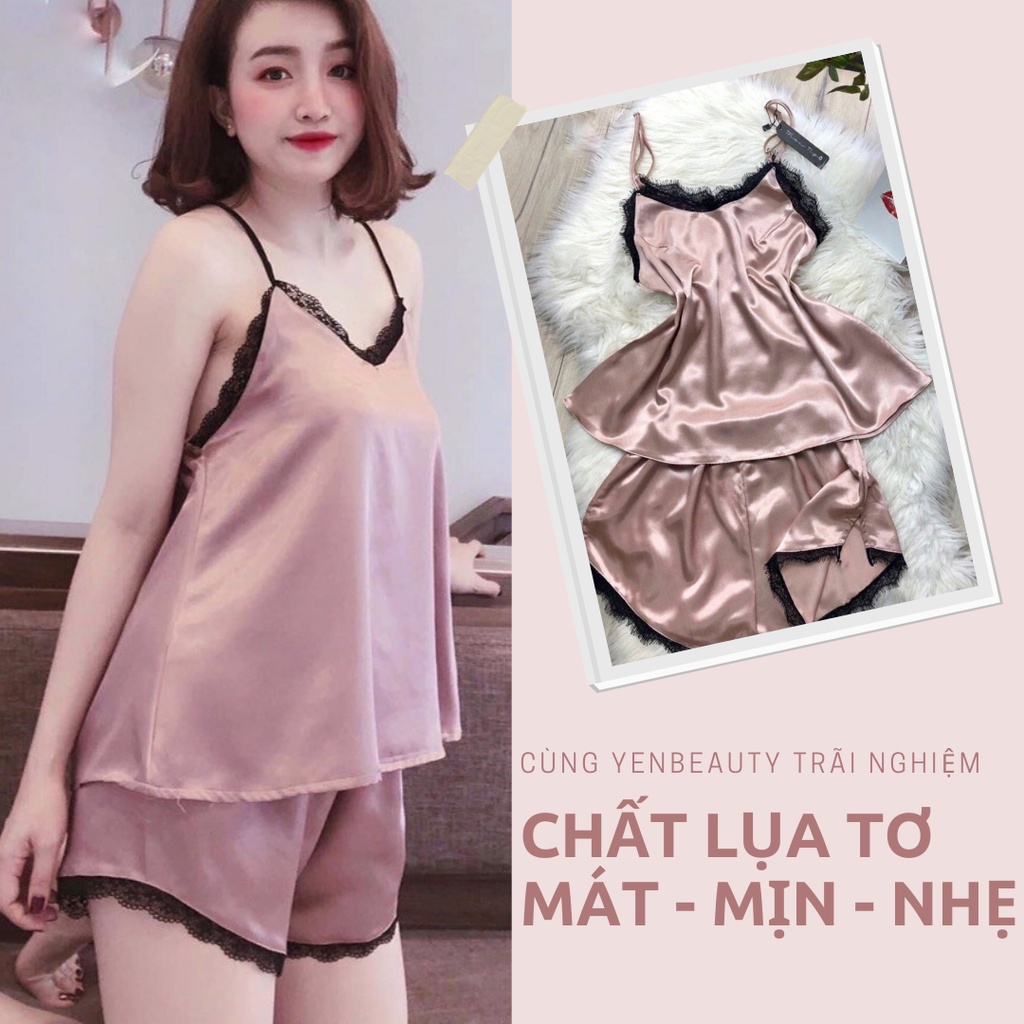 Đồ Bộ Lụa/Phi/Satin Đùi Mặc Ở Nhà Nữ - Bộ Quần Áo Ngủ Nữ 2 Dây Ren Lưng Mặc Nhà Mùa Hè, Bảng Màu Tây, YENBEAUTY