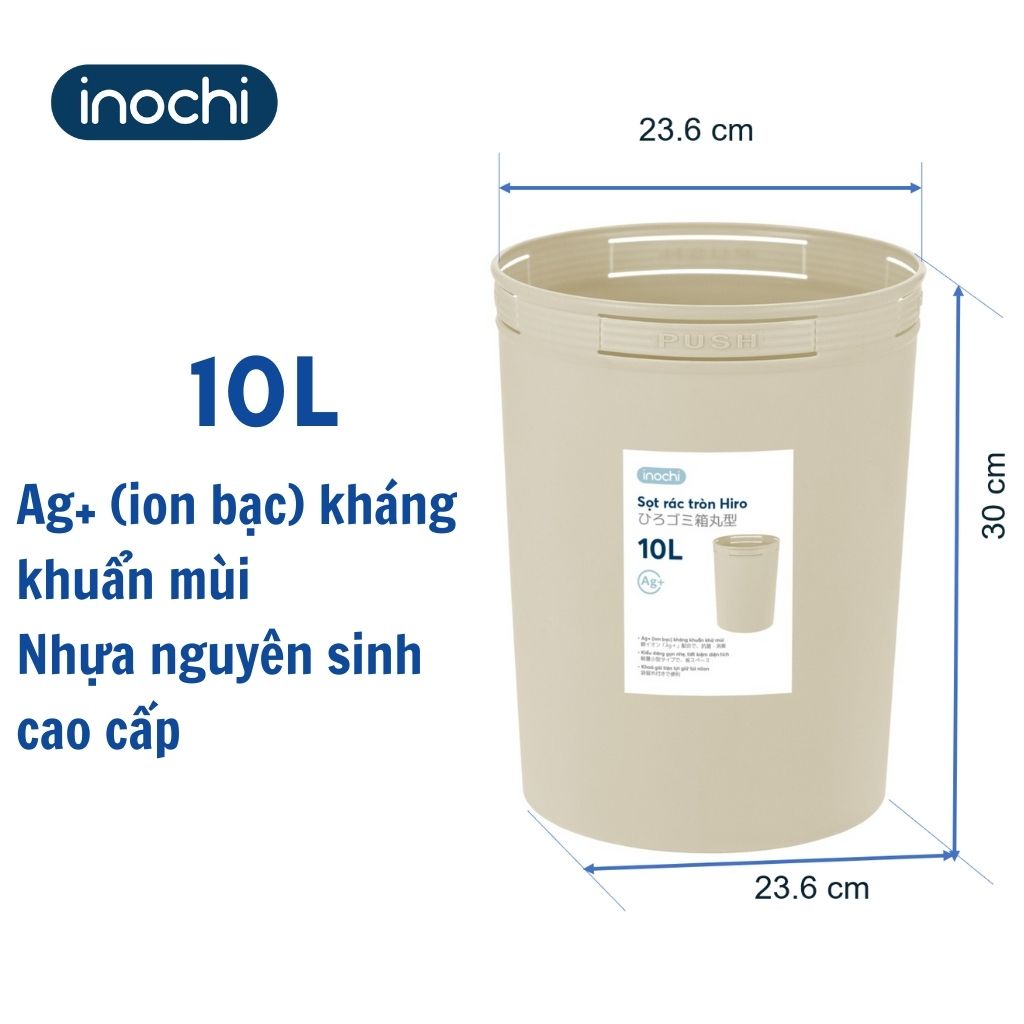 Sọt Rác Nhựa Tròn INOCHI 10 Lít Thiết Kế Không Nắp Nhỏ Gọn, Đựng Rác Gia Đình, Văn Phòng, Khách Sạn Tiện Lợi