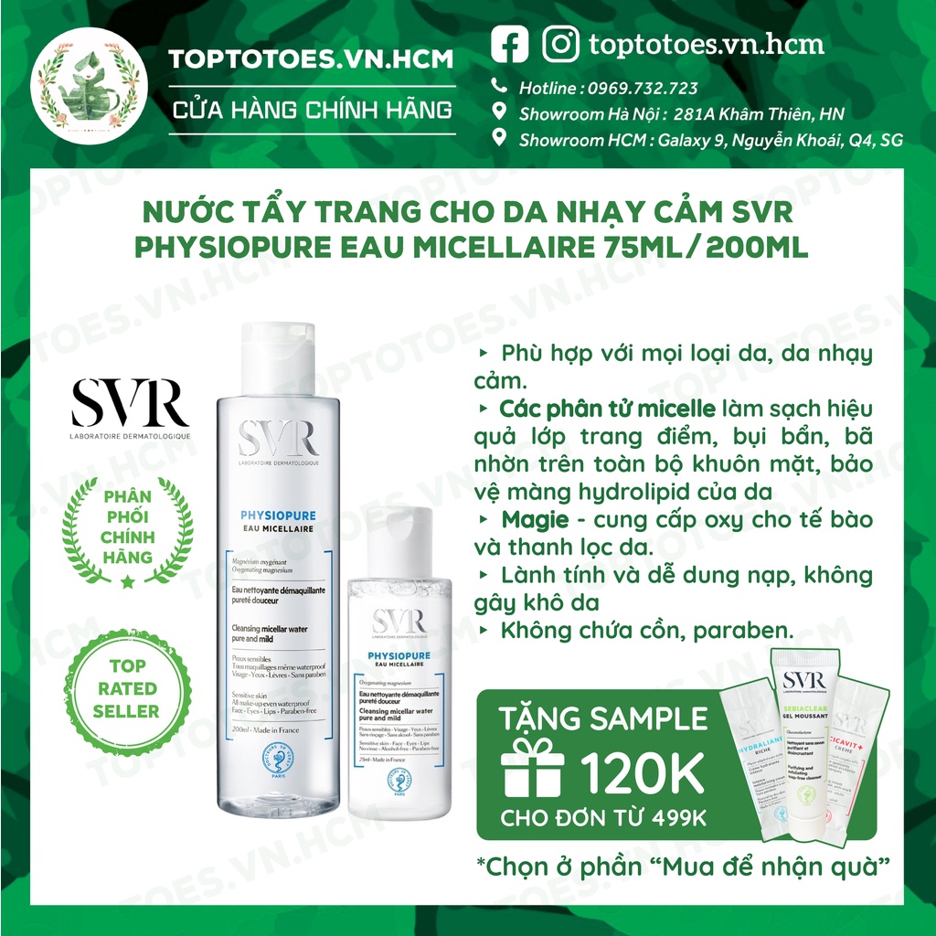 Nước tẩy trang cho da nhạy cảm SVR Physiopure Eau Micellaire 75ml/ 200ml [NHẬP KHẨU CHÍNH HÃNG 100%]