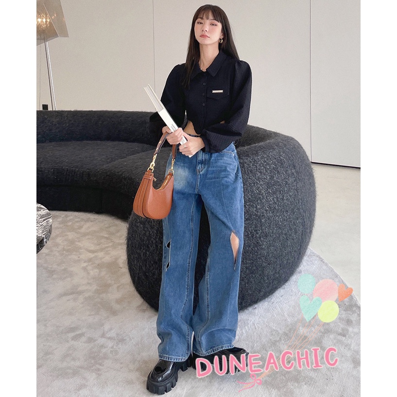 DUNEA Quần Jean Ống Rộng Phối Rách Cá Tính Dành Cho Nữ