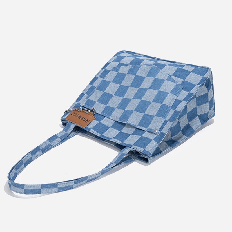 Túi xách đeo vai IELGY sức chứa lớn vải canvas họa tiết ca rô màu xanh dương