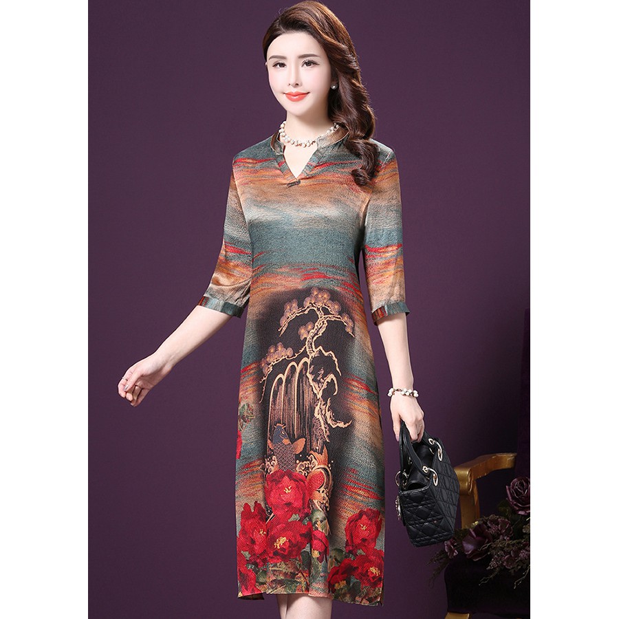 M-->4XL- ĐẦM SUÔNG BIG SIZE TRUNG NIÊN IN HỌA TIẾT CÓ KHĂN CHOÀNG - SHOP SANG CHẢNH 1521 | BigBuy360 - bigbuy360.vn